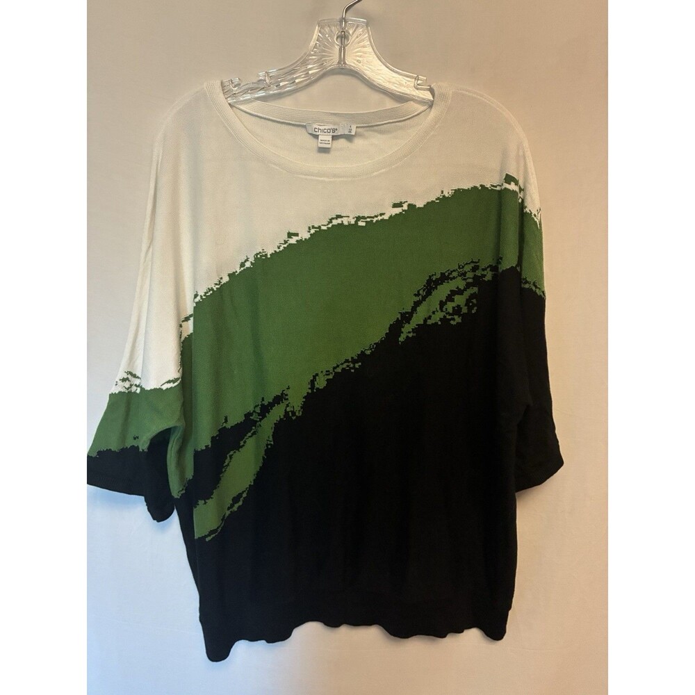 Chico's Colorblock Sweater Top Round Neck Short Sleeve White Green Black 4 XXL